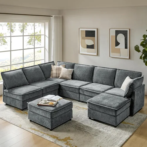 Miniatura 11 de HULALA HOME Sofá seccional modular, sofá grande en forma de U de 8 asientos con otomano de almacenamiento, sofá cómodo de chenilla con asiento