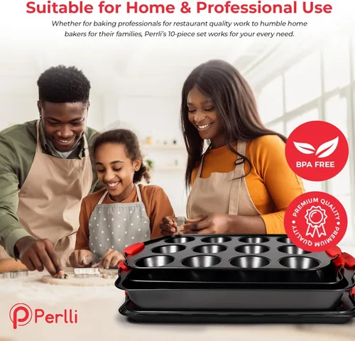 Miniatura 5 de PERLLI Juego de 10 moldes antiadherentes para hornear, acero al carbono sin BPA, con asas de silicona, juego de horno de cocina apilable, bandeja