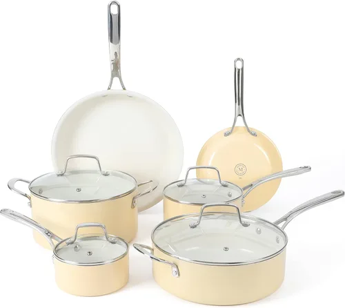 Martha Stewart Lockton Premium - Juego de ollas y sartenes de aluminio antiadherente de alta calidad, sin PFA, 10 piezas, esmaltado, color crema de