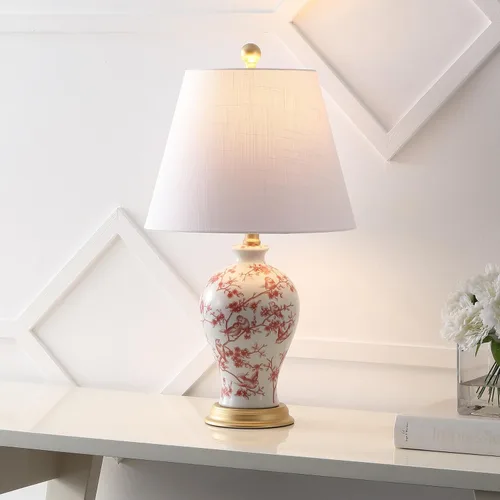 Miniatura 2 de JONATHAN Y JYL3009C Grace 24" lámpara de mesa LED de cerámica/hierro estilo cabaña francesa, floral, estilo campo, blanco/rojo para recámara, sala