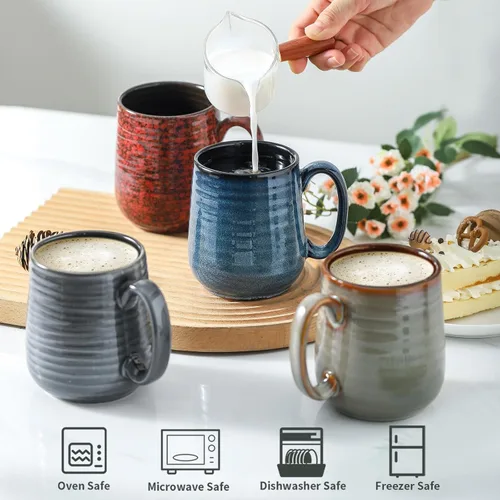 Miniatura 4 de Juego de 4 Tazas de Café de HASENSE, Tazas de Cerámica de 12 Oz con Mango Grande, Juego de Tazas Rústicas Coloridas para Café, Té, Coco, Café