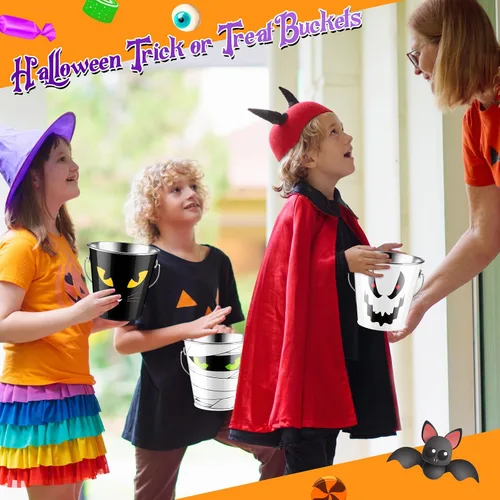Miniatura 7 de Tioncy 6 cubos de calabaza de Halloween a granel de metal para trucos o golosinas, cubo de recuerdos de fiesta con asa, cubo pequeño de calabaza