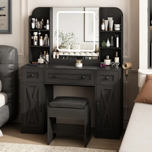 Miniatura 8 de Vabches Escritorio de tocador negro, espejo de tocador con luces, escritorio de maquillaje con taburete, mesa de maquillaje con grandes cajones