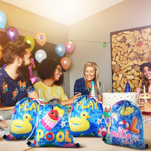 Miniatura 5 de Hosuly 24 bolsas de verano para fiesta en la piscina, bolsas con cordón, mochilas hawaianas, decoración de fiesta de piscina, bolsas de regalo