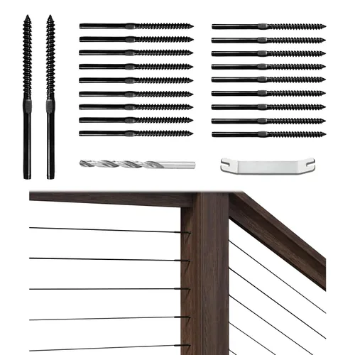 Muzata Paquete de 20 tornillos para barandillas de cable negro de 1/8 pulgadas, tornillos de retraso para zurdos y diestros para postes de madera