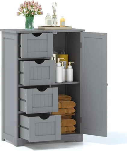 Miniatura 10 de GLACER Armario de piso de baño, armario de almacenamiento multifuncional con 4 cajones y 1 puerta, organizador de almacenamiento lateral de madera