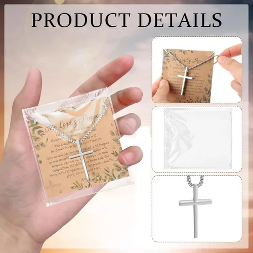 Miniatura 3 de Ecation Juego de 24 collares de cruz de Pascua a granel, colgante de acero inoxidable plateado con cadena y tarjeta de oración del Señor, regalos