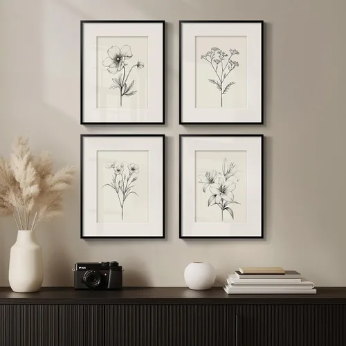 Arte de pared botánico enmarcado en blanco y negro para baño, ilustraciones de plantas florales de granja para paredes de baño, 4 piezas de