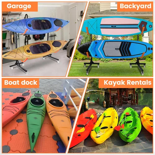 Miniatura 7 de Estante de almacenamiento independiente para kayak, estantes ajustables para kayak al aire libre con 4 ruedas bloqueables, soportes de kayak
