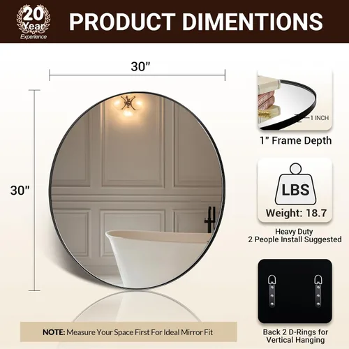 Miniatura 2 de ANDY STAR Espejo redondo de pared para baño, espejo circular negro de 30 pulgadas, moderno marco de metal de acero inoxidable de alta calidad