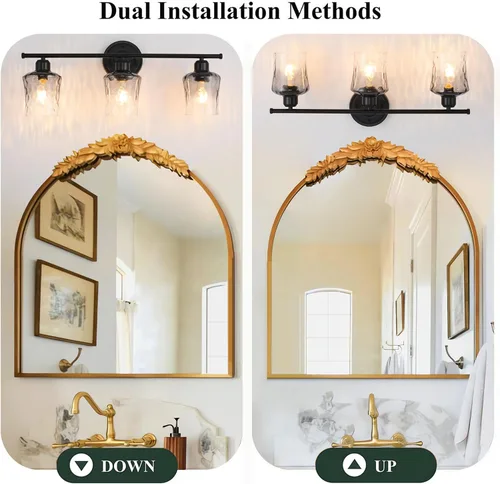 Miniatura 5 de Lámpara de baño de 3 luces, lámpara de tocador negra mate con pantalla de vidrio gris, moderna lámpara de pared de baño E26 para sobre espejo