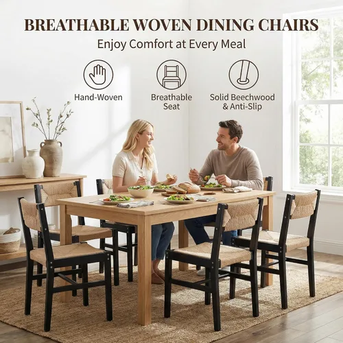 Miniatura 3 de Juego de 2 sillas de comedor de ratán modernas de mediados de siglo, sillas de cocina de madera de haya negra, sillas de comedor tejidas de granja