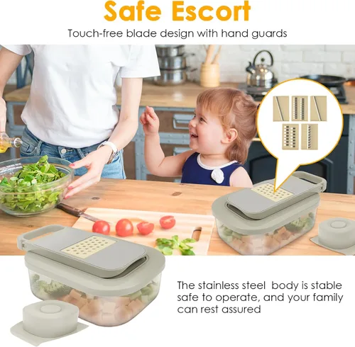 Miniatura 5 de Picador de verduras, cortador de alimentos con mandolina 9 en 1 para cocina, rallador de queso, picador de verduras con recipiente, 9 cuchillas