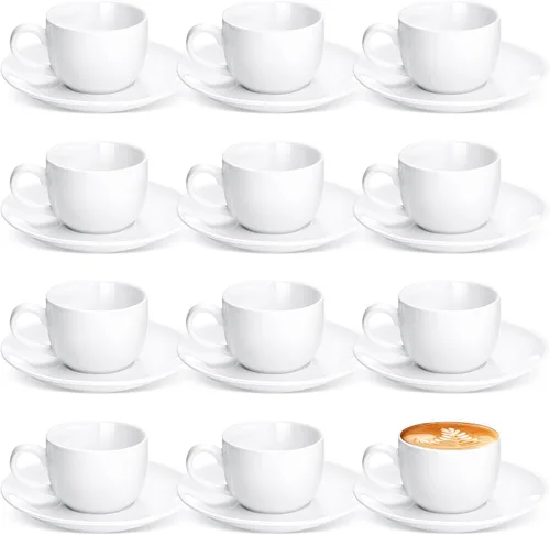 Maxdot Juego de 12 tazas de café de porcelana de 2.7 onzas con platillos, tazas de café y platillos de cerámica blanca, taza de capuchino, taza de