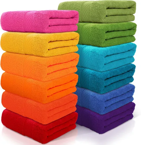 Newwiee Juego de 12 toallas de baño a granel - Toallas grandes de algodón de 28 x 55 pulgadas en 12 colores, toalla de baño suave, ligera y de