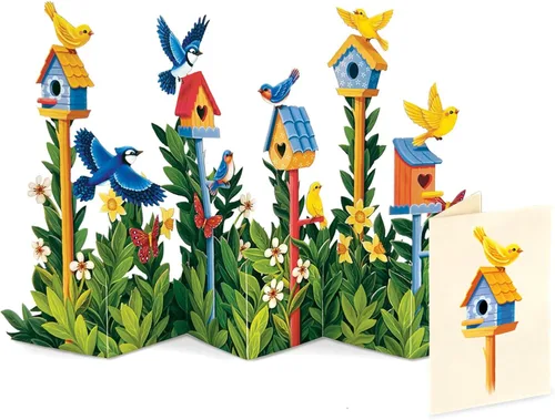 Freshcut Paper Tarjetas desplegables, mini jardín de casa de pájaros, ramo de flores de tamaño natural de 9 pulgadas, tarjeta de felicitación