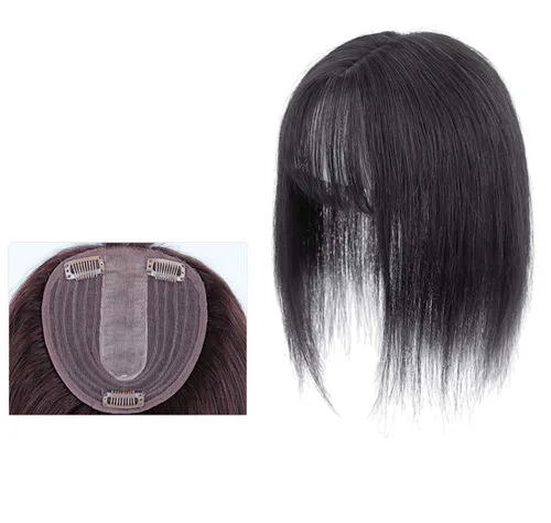 Miniatura 12 de LXUE Parte superior de cabello humano con base de seda natural para mujeres con cabello gris y delgado, parte superior de base de 5 x 5.5 pulgadas