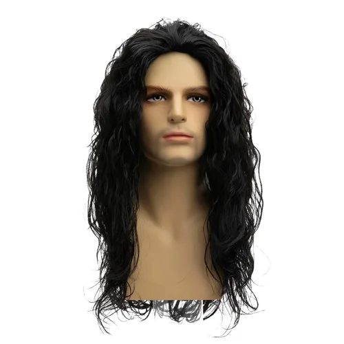 Pelucas largas y rizadas negras para hombres, sintéticas, naturales, para fiestas, Halloween, cosplay, peluca de pelo