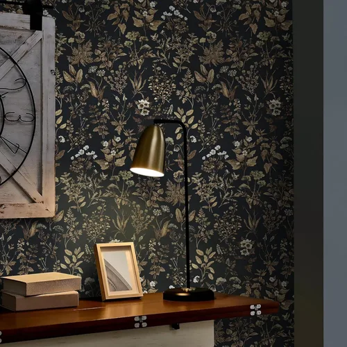 Miniatura 2 de Dimoon Papel Tapiz de 78.7"x17.3" para Despegar y Pegar Papel de Contacto Negro/Dorado Floral Papel Tapiz Floral Oscuro Papel de Pared Removible