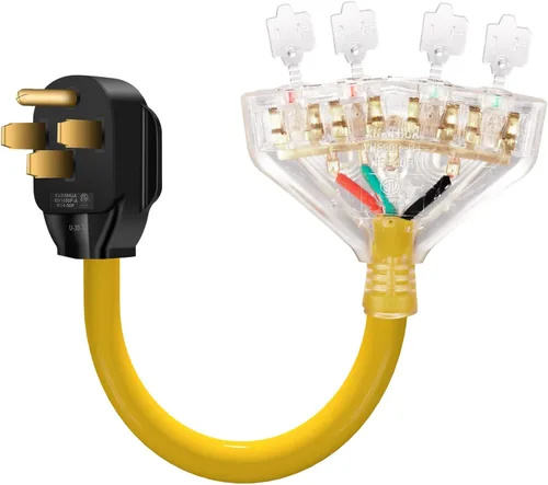 Cable adaptador RV de 50 amperios a 20 amperios de 110 V, 4 clavijas NEMA 14-50P macho a 4 tomas de corriente 5-15R/5-20R hembra con clavijas de