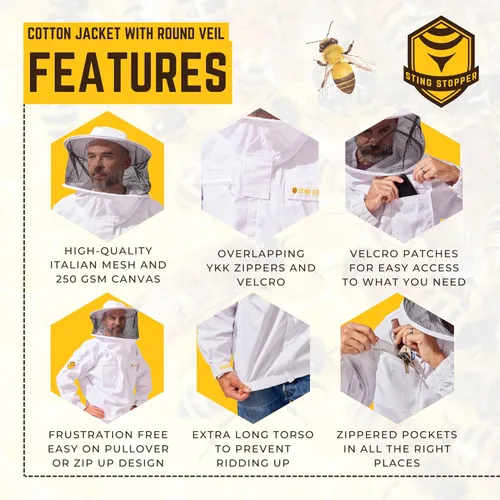 Miniatura 3 de Sting Stopper - Chaqueta de apicultura para adultos con velo redondo y sombrero para protección contra picaduras de abeja de miel con lona