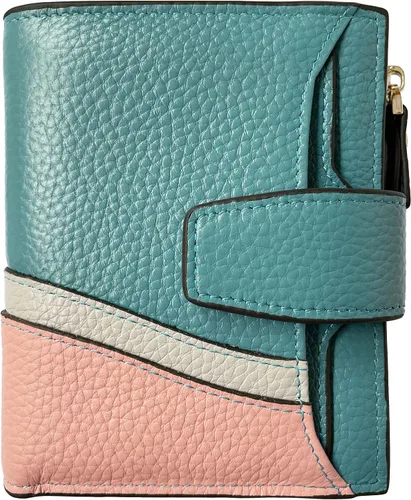 Miniatura 23 de Cartera de cuero con bloqueo RFID para mujer, pequeña, compacta, doble cremallera, con ventana para identificación