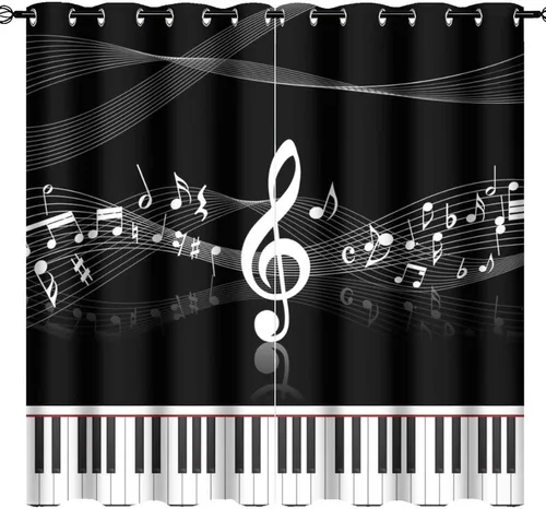 Miniatura 45 de Cortinas opacas de oscurecimiento de habitación con ojales, diseño rústico de símbolos musicales blancos y negros, tratamiento de ventana
