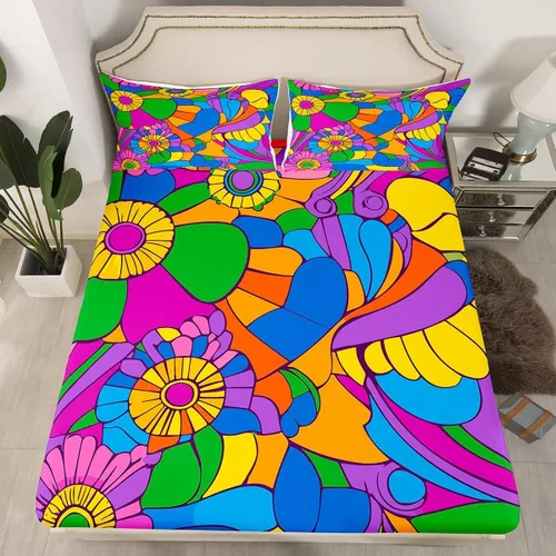 Miniatura 32 de Juego de ropa de cama con diseño floral bohemio, tamaño individual, diseño retro de flores groovy, 60S y 70S, diseño de flores hippie para niños