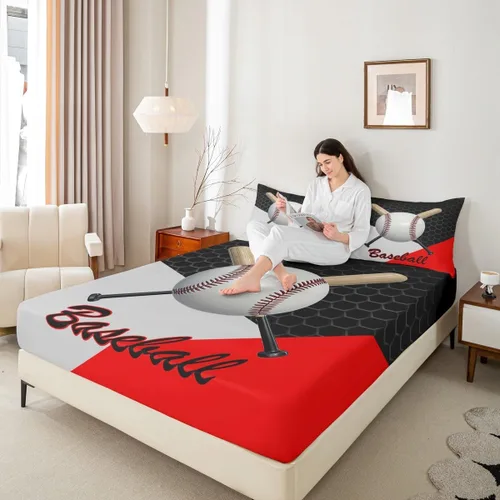 Miniatura 2 de Juego de ropa de cama de béisbol 3D, tamaño individual, juego de cama para niñas, adolescentes, decoración de dormitorio, sábana bajera geométrica