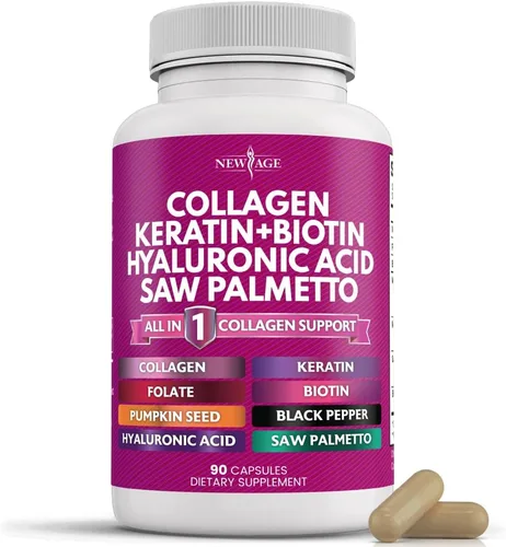 NEW AGE Píldoras de Colágeno Biotina Queratina Serenoa Enana Ácido Hialurónico - Vitaminas para el Cabello, la Piel y las Uñas y Bloqueador de DHT