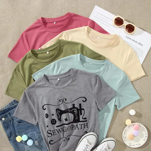 Miniatura 6 de GLIGLITTR Camiseta de mujer para amantes de la costura con estampado de costura, divertida máquina de coser con cuello redondo, manga corta, casual