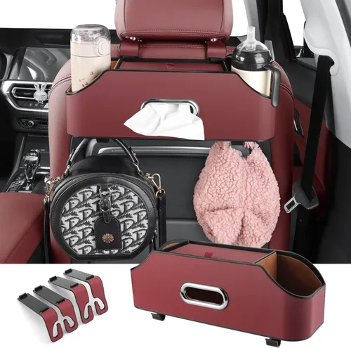 Miniatura 8 de HOLDCY Organizador de asiento trasero de automóvil con 2 portavasos para bebidas, caja de pañuelos y gancho para caja de almacenamiento, Beige