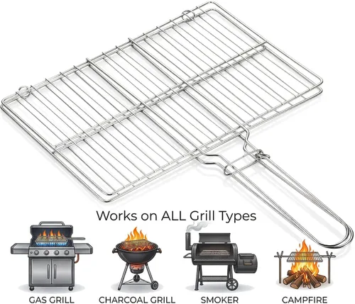 Miniatura 4 de Cesta de acero inoxidable para barbacoa al aire libre, rejilla de parrilla con cerradura resistente para pescado, verduras, carne, camarones, carne