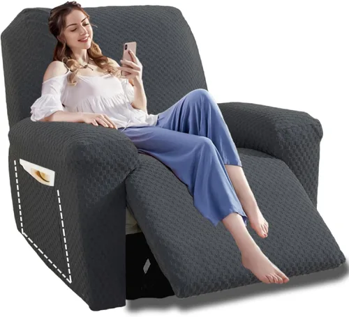 Miniatura 38 de YEMYHOM Funda elástica de 4 piezas para silla reclinable de jacquard con bolsillo lateral, antideslizante, ajustable, protector de muebles con parte