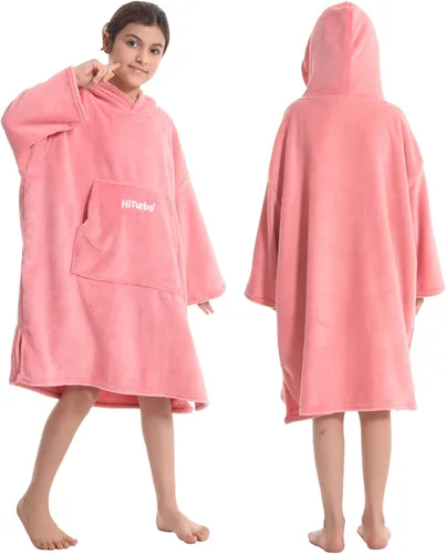 Hiturbo Bata de cambio de toallas para niños: manta de felpa suave, sudadera con capucha cálida de forro polar coral, poncho de surf de natación Rosa