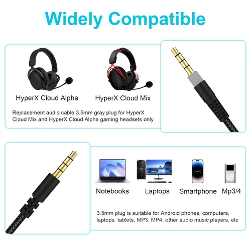 Miniatura 2 de Cable de audio Cloud Alpha de repuesto con controles de silencio y volumen compatible con auriculares Kingston Cloud Alpha y Cloud Mix
