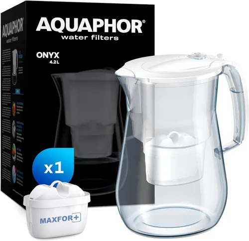 AQUAPHOR Onyx White - Jarra con filtro de agua – Diseño de encimera con capacidad de 4.2 L, 1 filtro MAXFOR+ incluido que reduce el cloro de cal y