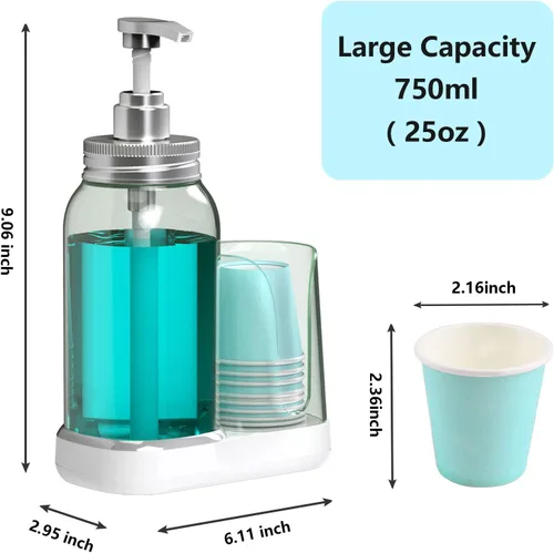 Miniatura 2 de Dispensador de bomba de enjuague bucal de 25 onzas, recipiente de enjuague bucal con soporte para tazas, decantador bucal recargable con 8 vasos