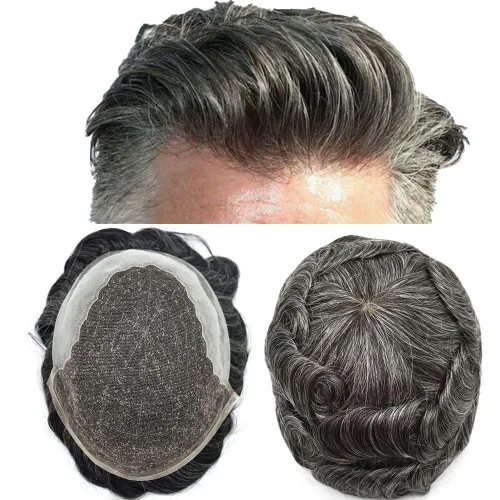 Toupee para hombres, sistemas de reemplazo de cabello francés, encaje frontal, nudos blanqueados, línea capilar natural, encaje con piezas de