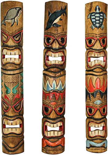 Miniatura 16 de Zeckos Juego de 2 máscaras de pared Tiki de madera tallada a mano, 39 pulgadas de alto, acabado envejecido pintado, esculturas de pared para sala