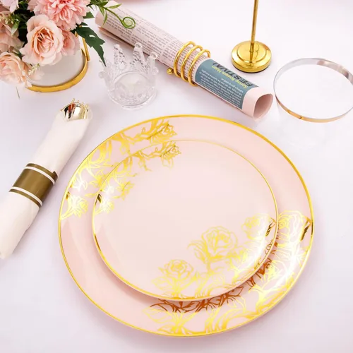 Miniatura 9 de DaYammi Juego de 210 platos de plástico rosa, juego de vajilla desechable floral dorado rosa, 30 platos llanos, 30 platos de ensalada, 30