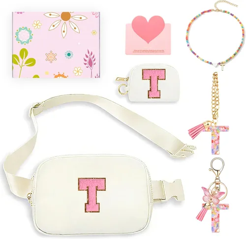 Miniatura 32 de Regalos de moda para niñas adolescentes, cangurera con monograma para niña con llavero, collar, dijes de taza, tarjeta de felicitación y caja