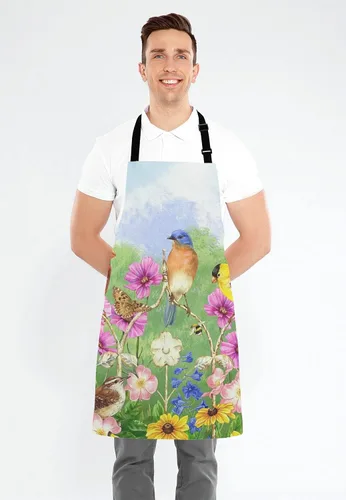 Miniatura 4 de Delantal con diseño de pájaros y flores y mariposas con cuello ajustable para hombres y mujeres, adecuado para el hogar, cocina, camarera, chef