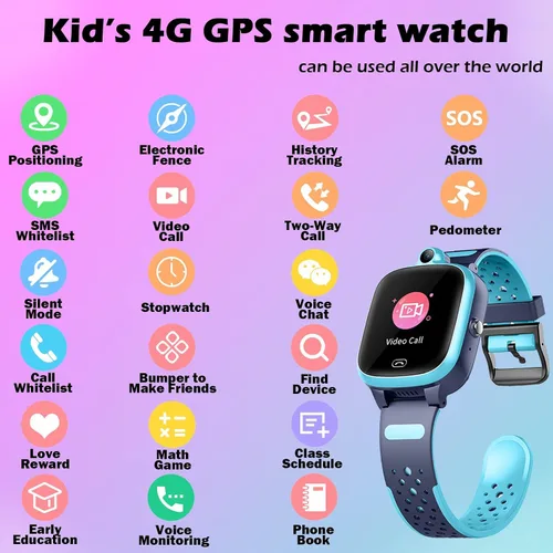 Miniatura 6 de Reloj inteligente con GPS 4G para niños y niñas [versión global] SOS alarma de emergencia impermeable reloj inteligente con texto, video, llamada