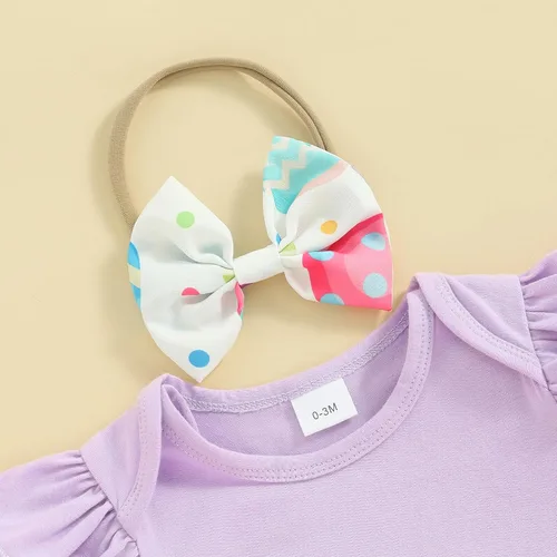 Miniatura 4 de Adobabirl Vestido de Pascua para niña recién nacida, mameluco de manga corta con conejo, huevos de Pascua, falda con tirantes, diadema