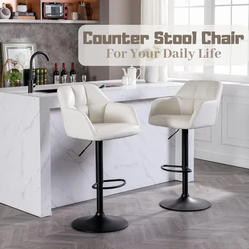 Miniatura 6 de ROCITY Juego de 2 taburetes de bar de terciopelo con respaldo, silla de bar beige para isla de cocina, taburetes de bar modernos con patas de metal