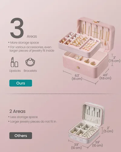 Miniatura 53 de SONGMICS Caja organizadora de joyas, estuche de viaje de 2 capas para aretes, collares, pulseras, almacenamiento portátil de joyas con gran Verde