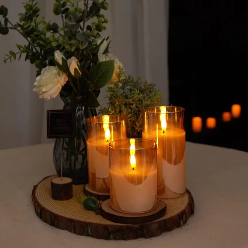 Miniatura 5 de Amagic juego de 3 velas sin llama de vidrio dorado, operadas con pilas con temporizador, control remoto, velas LED parpadeantes falsas de pilar