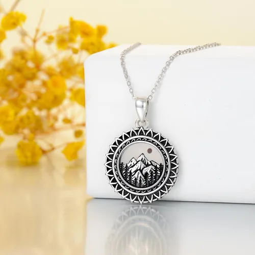 Miniatura 24 de PROESS Collar de plata de ley con colgante de montaña y sol de semilla de mostaza/masónico/brújula para mujeres y hombres, collar con colgante
