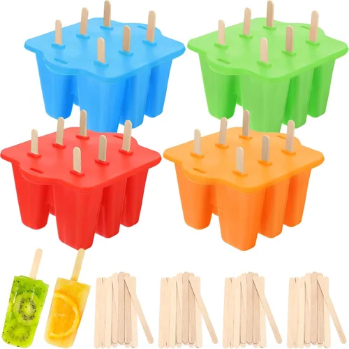 Hoolerry Juego de 4 moldes de silicona para paletas de hielo, moldes reutilizables para helado con 200 palos de madera, máquina de reventar de fácil